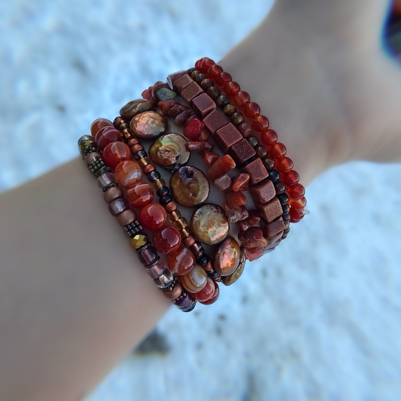 Natural Orange Carnelian, Aventurine, Agate & Gold Sandstone Gemstone Bracelets - Picture 6 of 8